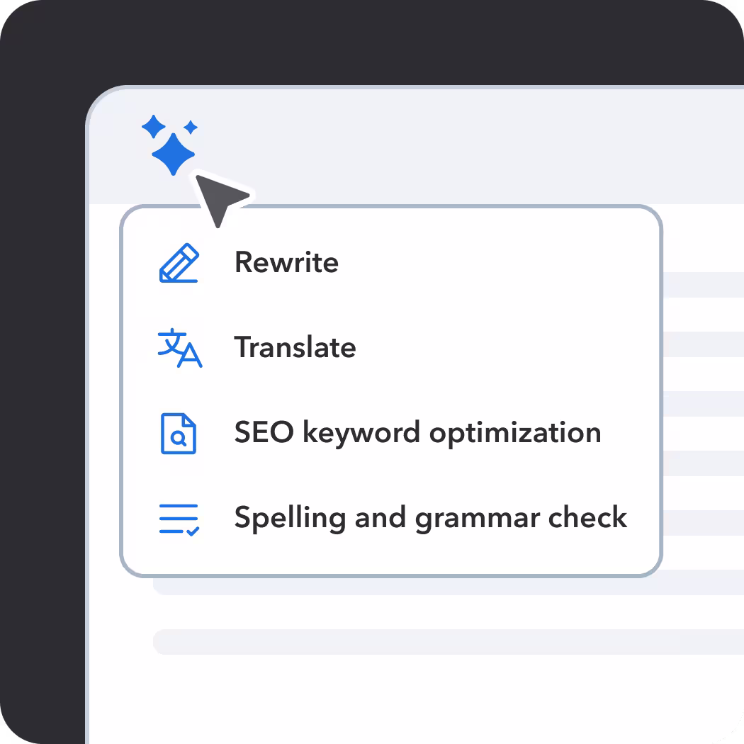 Text editor interface showing AI writing tools menu with options for rewrite, translate, SEO optimization, and grammar checking