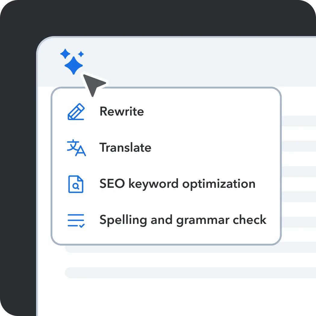 Text editor interface showing AI writing tools menu with options for rewrite, translate, SEO optimization, and grammar checking