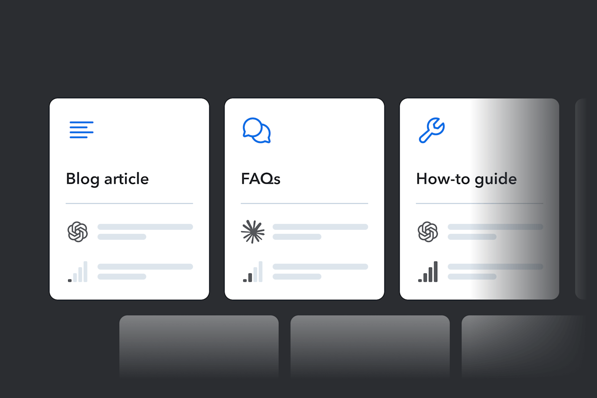 Template cards showing different content types: Blog article, FAQs, and How-to guide, each with icons and placeholder text.