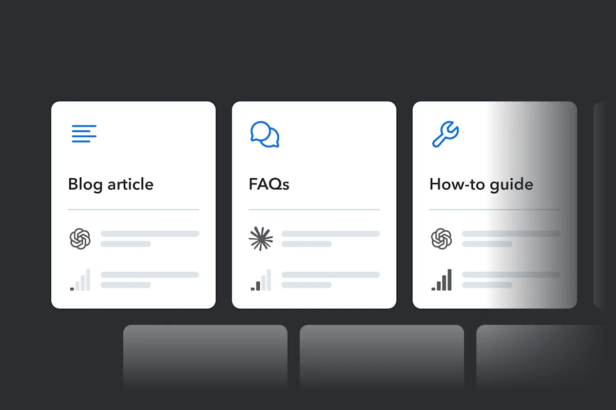 Template cards showing different content types: Blog article, FAQs, and How-to guide, each with icons and placeholder text.