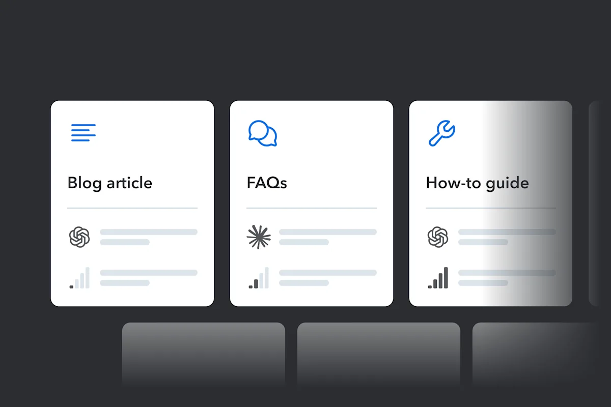 Template cards showing different content types: Blog article, FAQs, and How-to guide, each with icons and placeholder text.