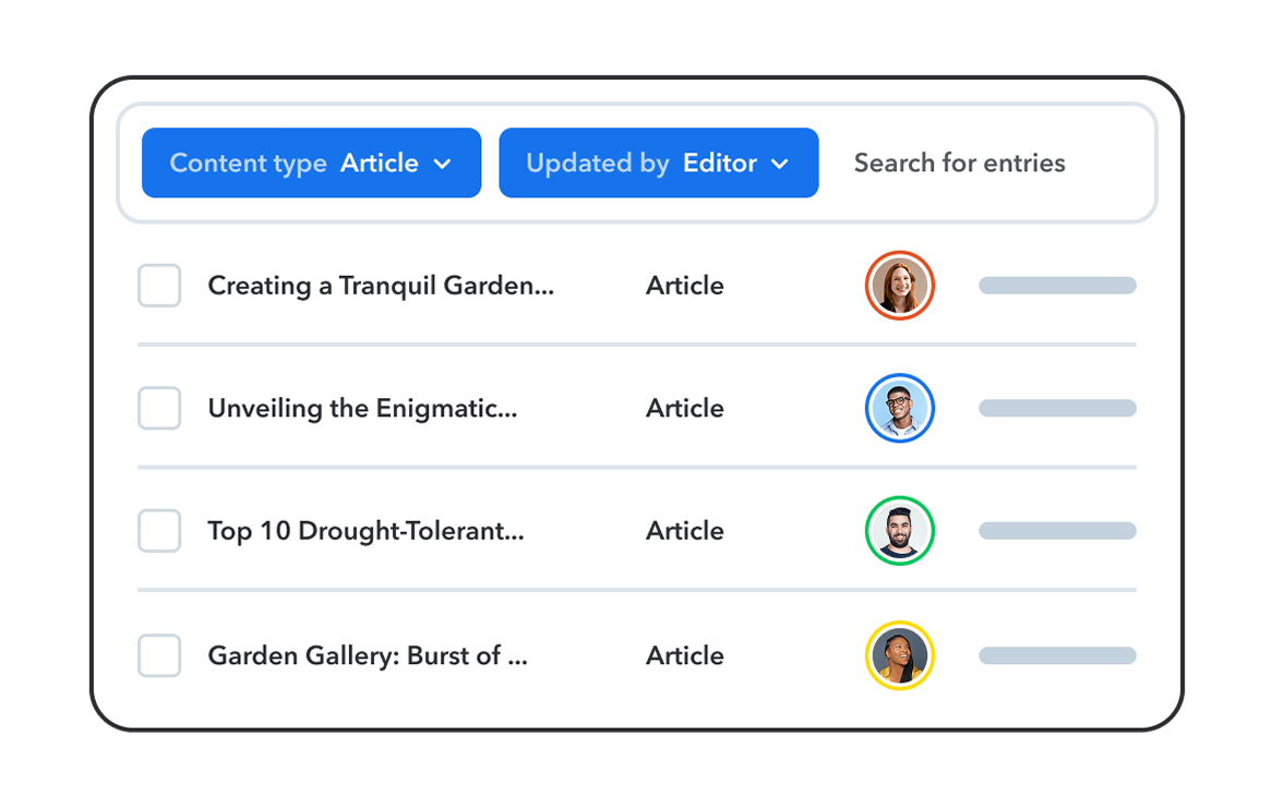 Content management interface showing a list of four articles with author avatars and filter options at the top