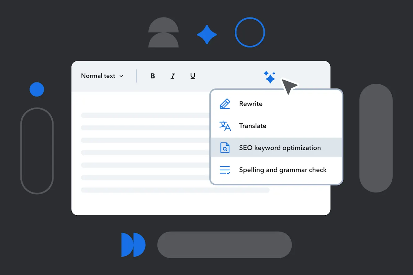 Rich text editor on a dark background with an AI menu open showing Rewrite, Translate, SEO keyword optimization and Spelling and grammar check.