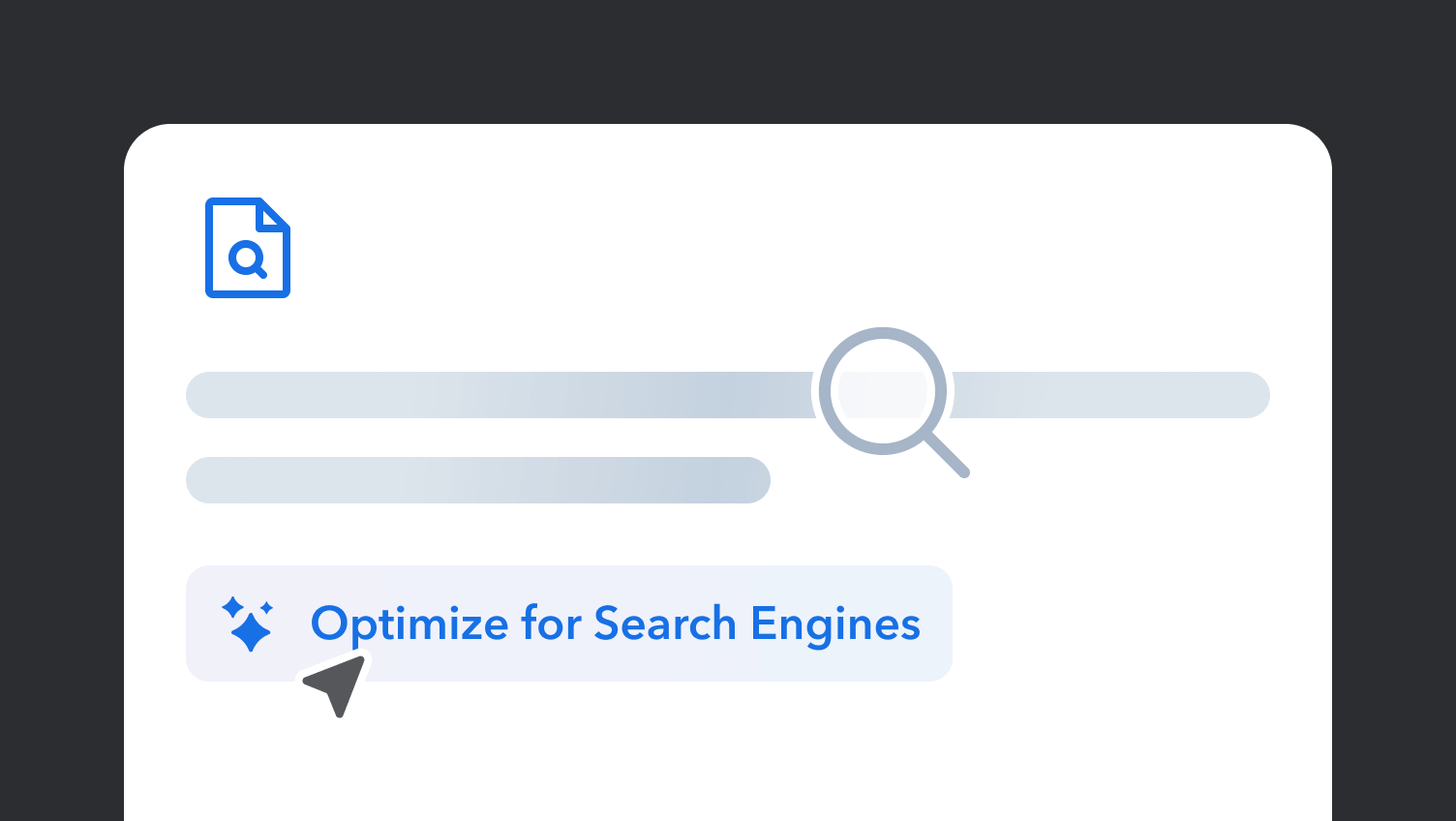 Illustration showing search optimization interface with magnifying glass icon, document symbol, and "Optimize for Search Engines" text