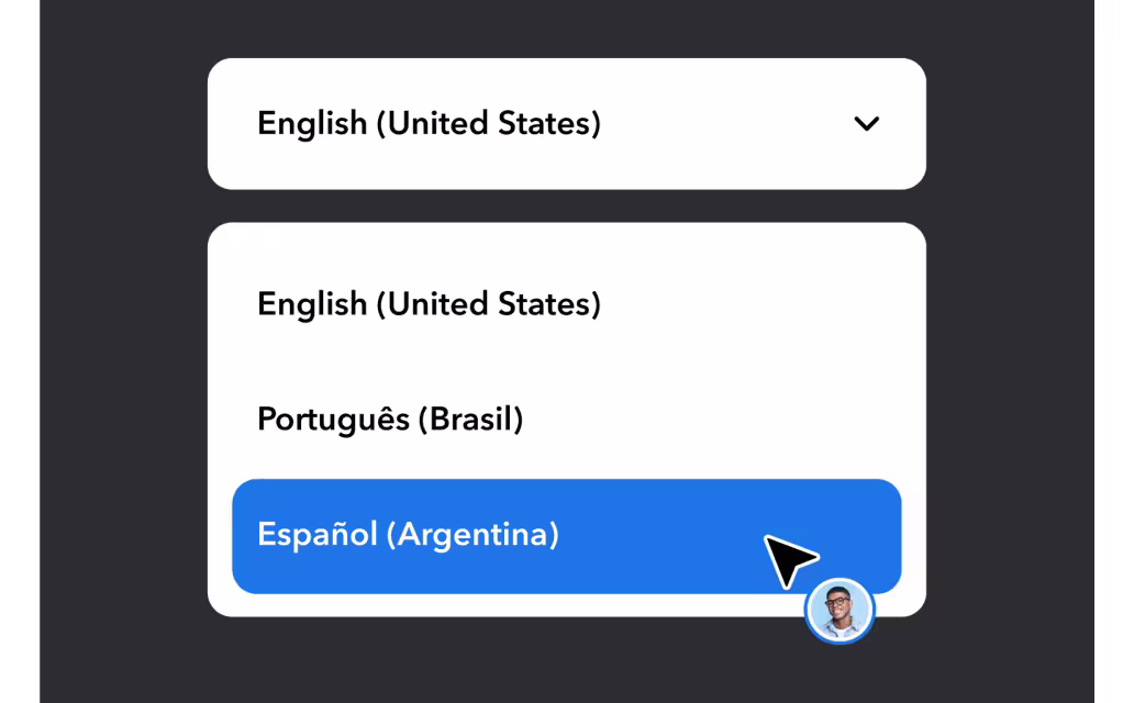 Language selection dropdown menu showing English (US), Portuguese (Brazil), and Spanish (Argentina) options with cursor pointer