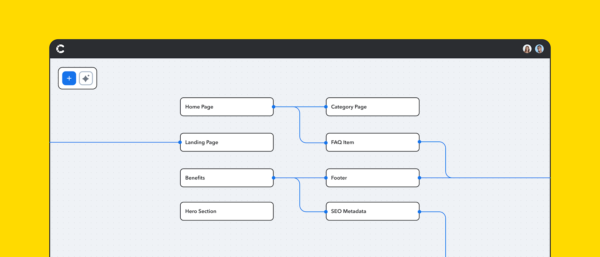 Stylized user-interface showing Contentful Visual Modeler features.