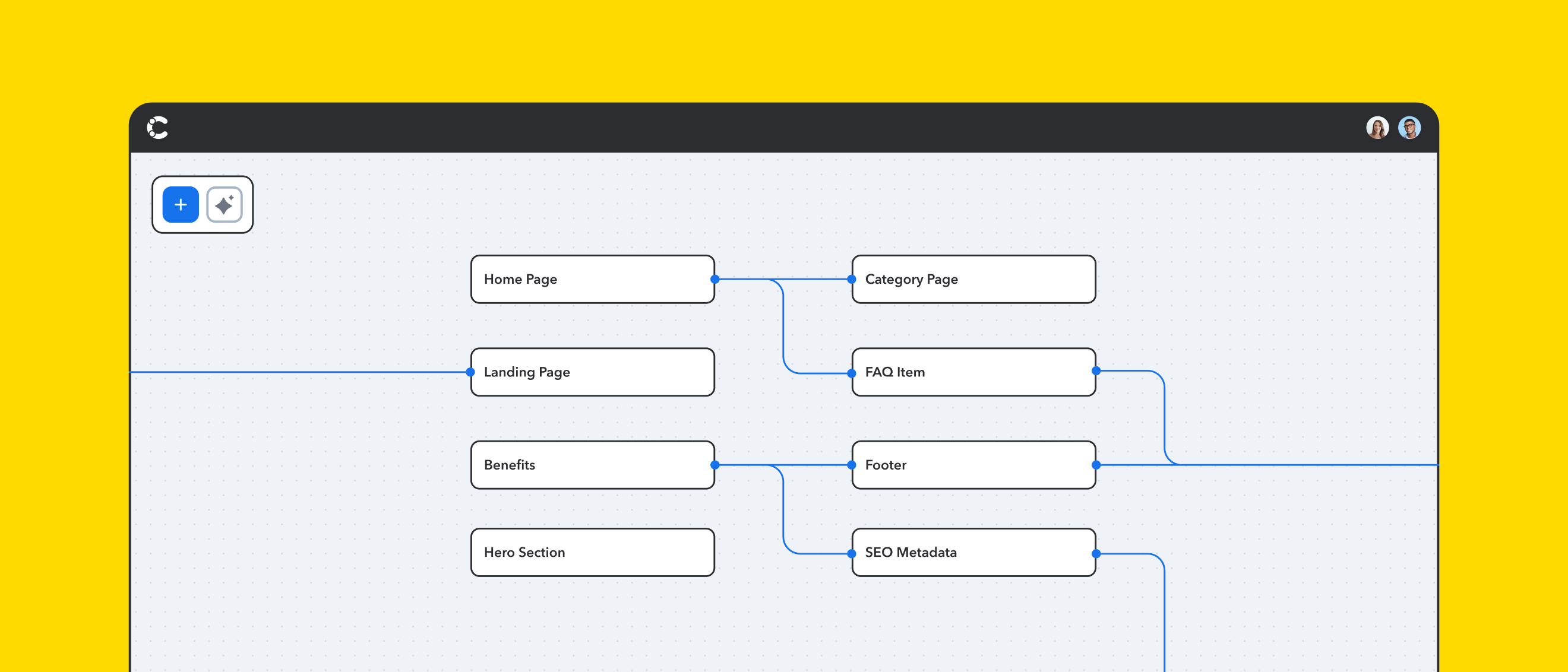 Stylized user-interface showing Contentful Visual Modeler features.