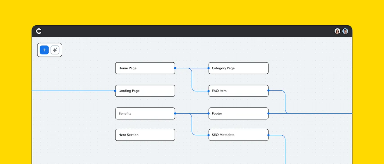 Stylized user-interface showing Contentful Visual Modeler features.