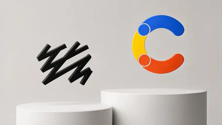 Two logos on white pedestals: the black Sanity logo and the Contentful logo in blue, yellow, and orange, sitting higher on its pedestal.