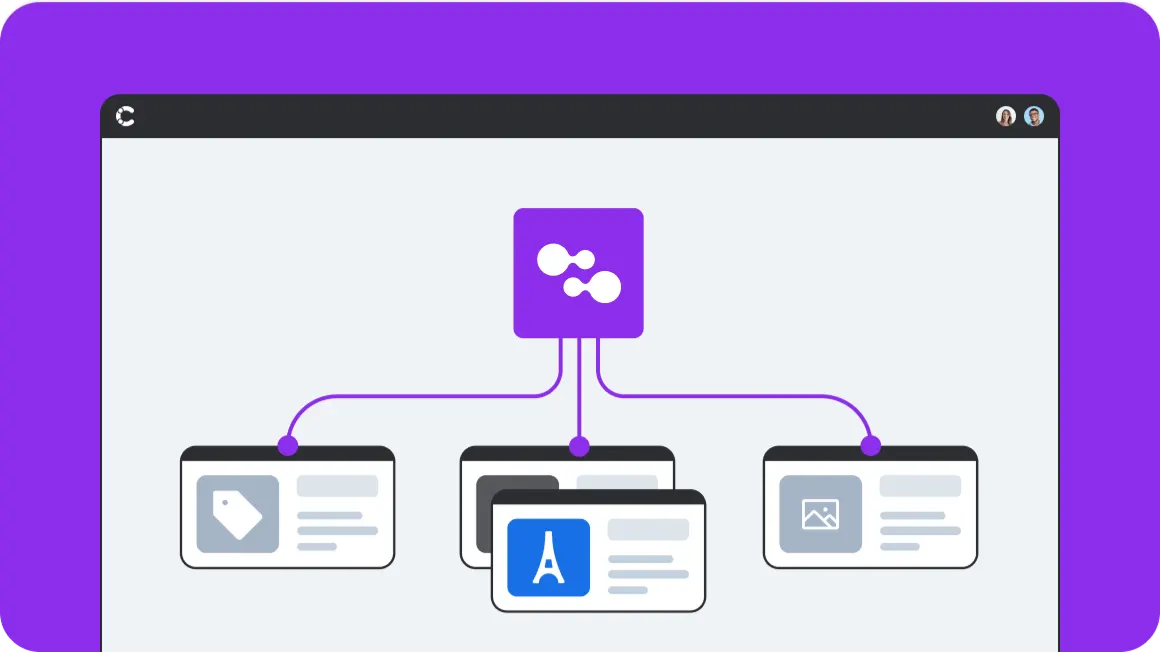Diagram showing a purple connection hub linking to three content cards below, illustrating a content distribution system