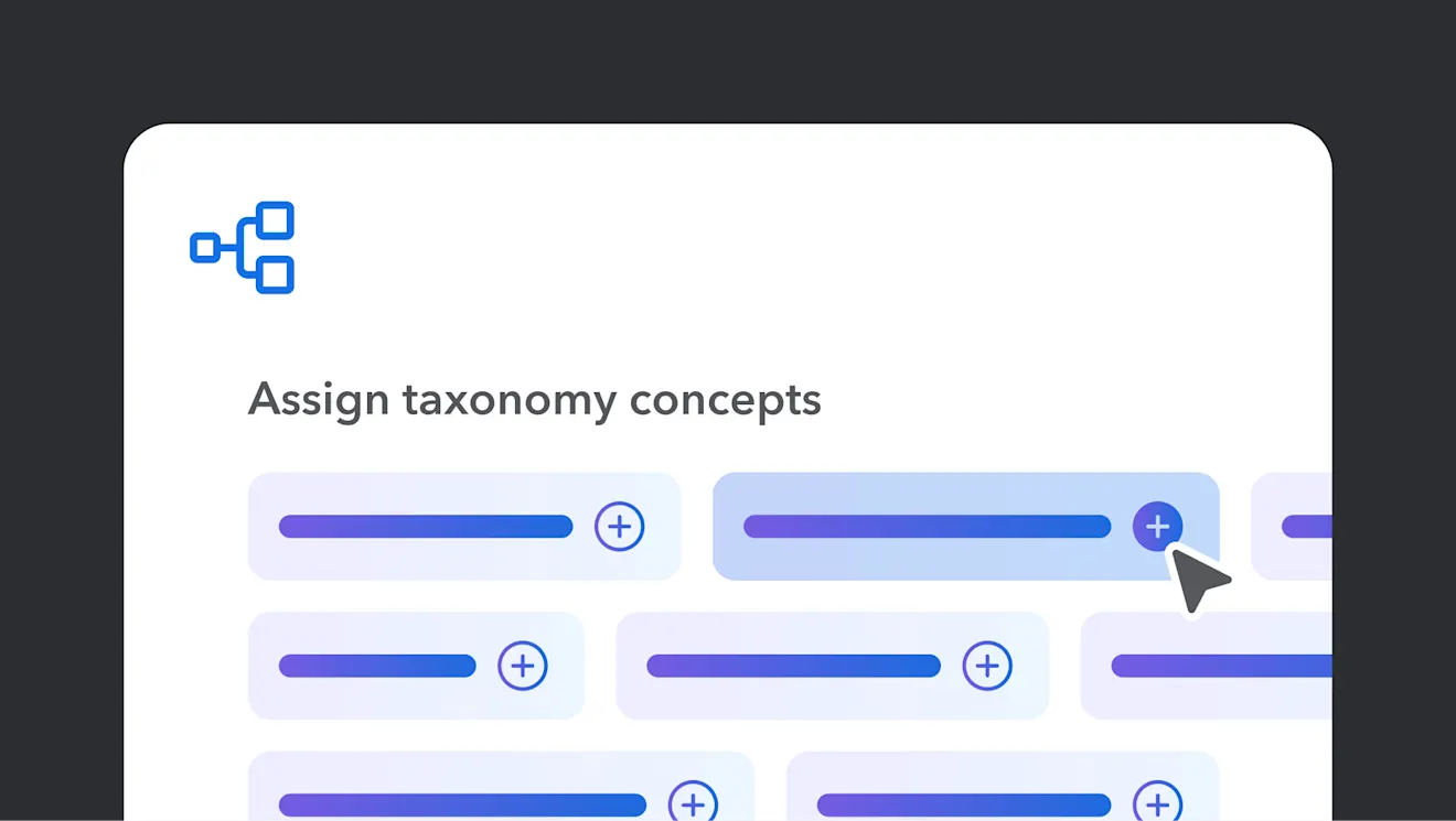 Interface showing "Assign taxonomy concepts" with multiple purple selection bars and plus icons on a light background