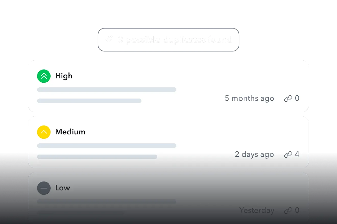 Interface showing 3 duplicate items with priority levels: High (5 months ago), Medium (2 days ago), and Low (Yesterday), with engagement counts