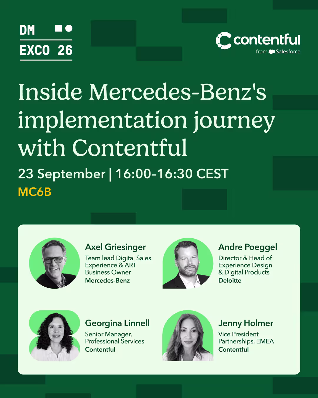 DMEXCO 26 session graphic for Contentful featuring four speakers discussing Mercedes-Benz's implementation journey on September 23.