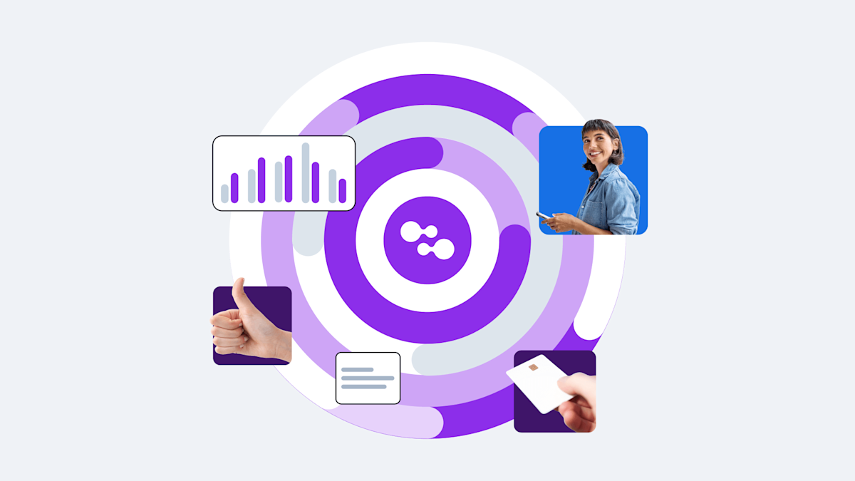 Purple circular design with analytics graph, messaging icon, and profile photo, surrounded by interface elements and a payment card