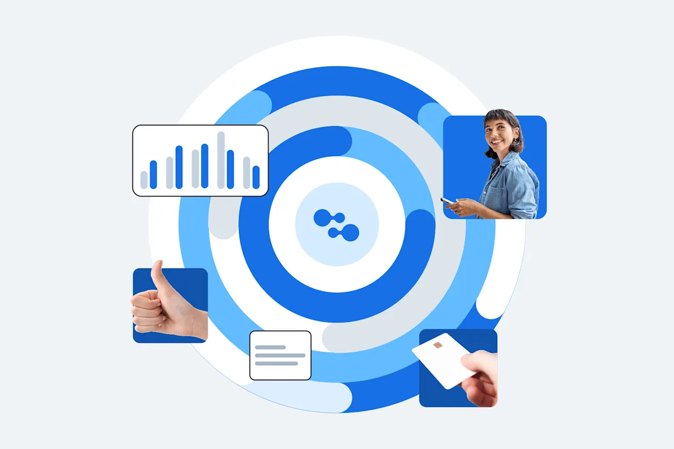 Purple circular design with analytics graph, messaging icon, and profile photo, surrounded by interface elements and a payment card