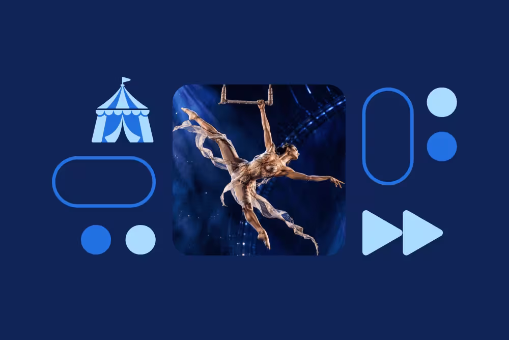 An acrobat performs on a trapeze bar against a blue backdrop, surrounded by circus tent and media player icons.