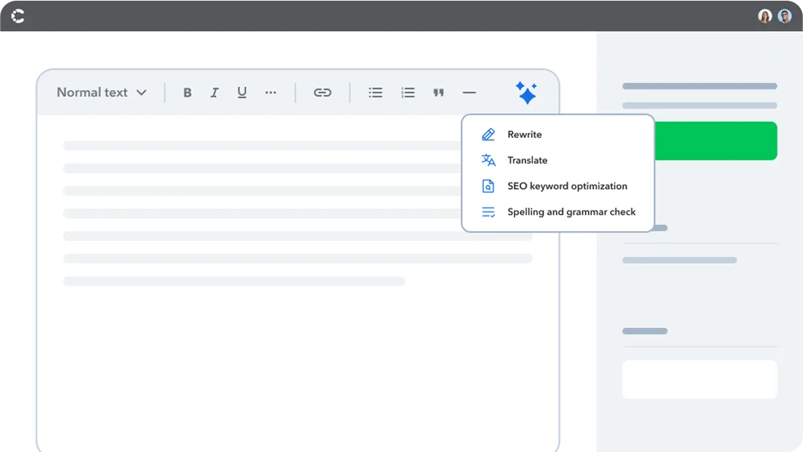 Text editor interface showing formatting toolbar and dropdown menu with options for Rewrite, Translate, SEO optimization, and Grammar check