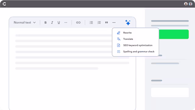 Text editor interface showing formatting toolbar and dropdown menu with options for Rewrite, Translate, SEO optimization, and Grammar check