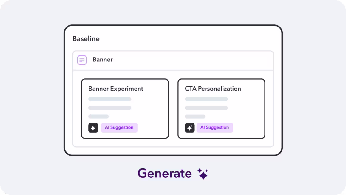 User interface showing banner experiment and CTA personalization options with AI suggestion buttons in purple