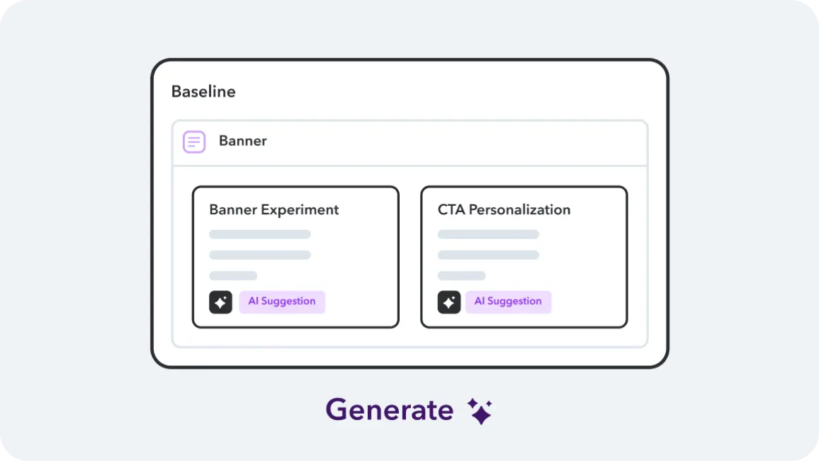 User interface showing banner experiment and CTA personalization options with AI suggestion buttons in purple