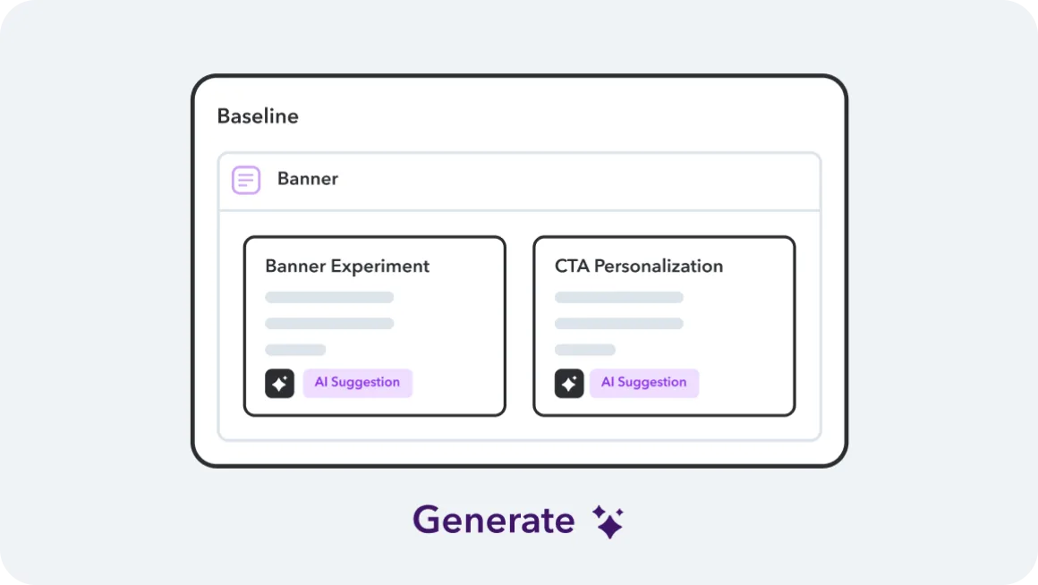 User interface showing banner experiment and CTA personalization options with AI suggestion buttons in purple