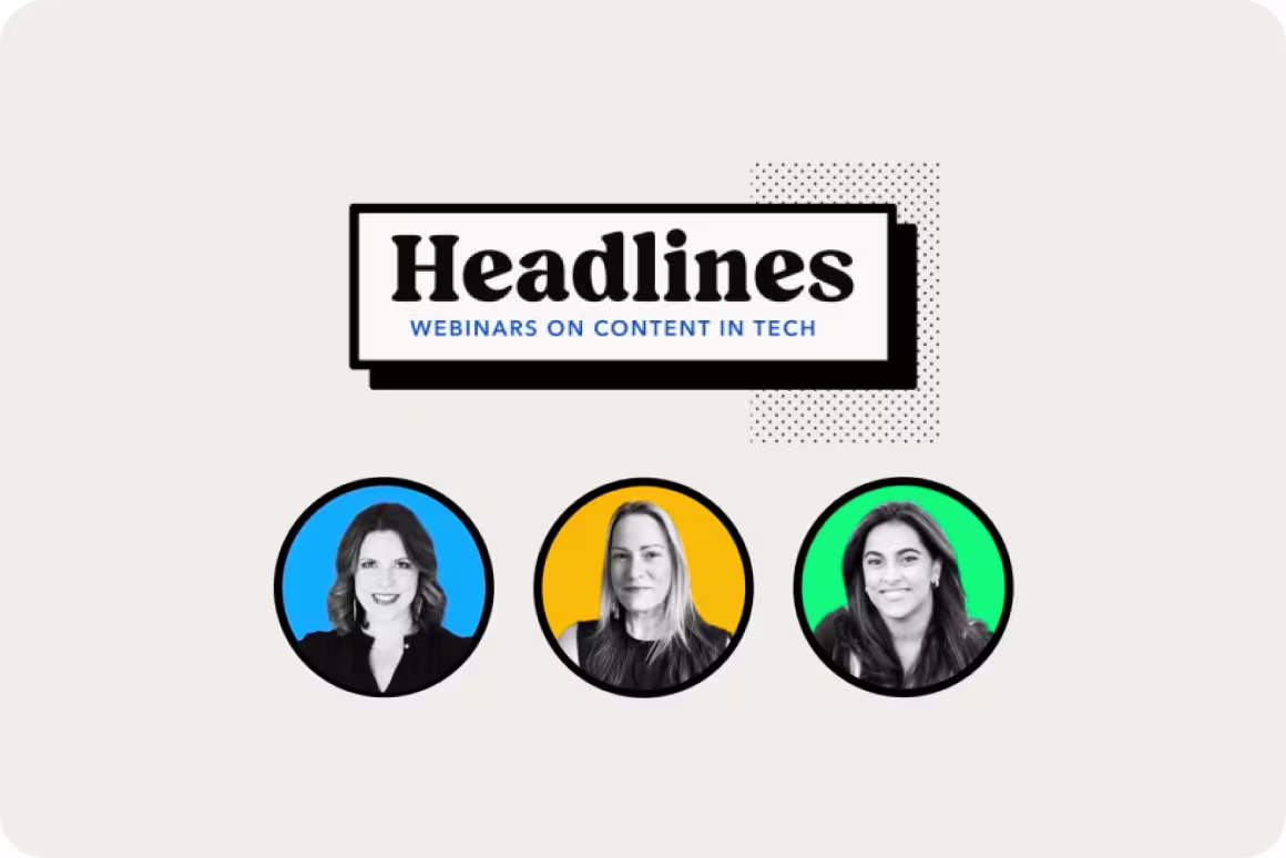 Logo for "Headlines: Webinars on Content in Tech" with three circular profile photos against blue, yellow, and green backgrounds