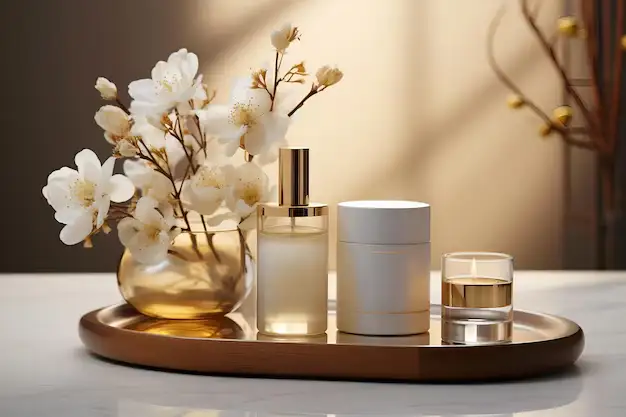Beauty products on bronze tray with white cherry blossoms in amber vase, warm sunlit setting