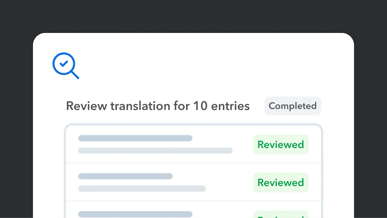 A UI screen showing "Review translation for 10 entries" marked Completed, with entries labeled Reviewed in green.