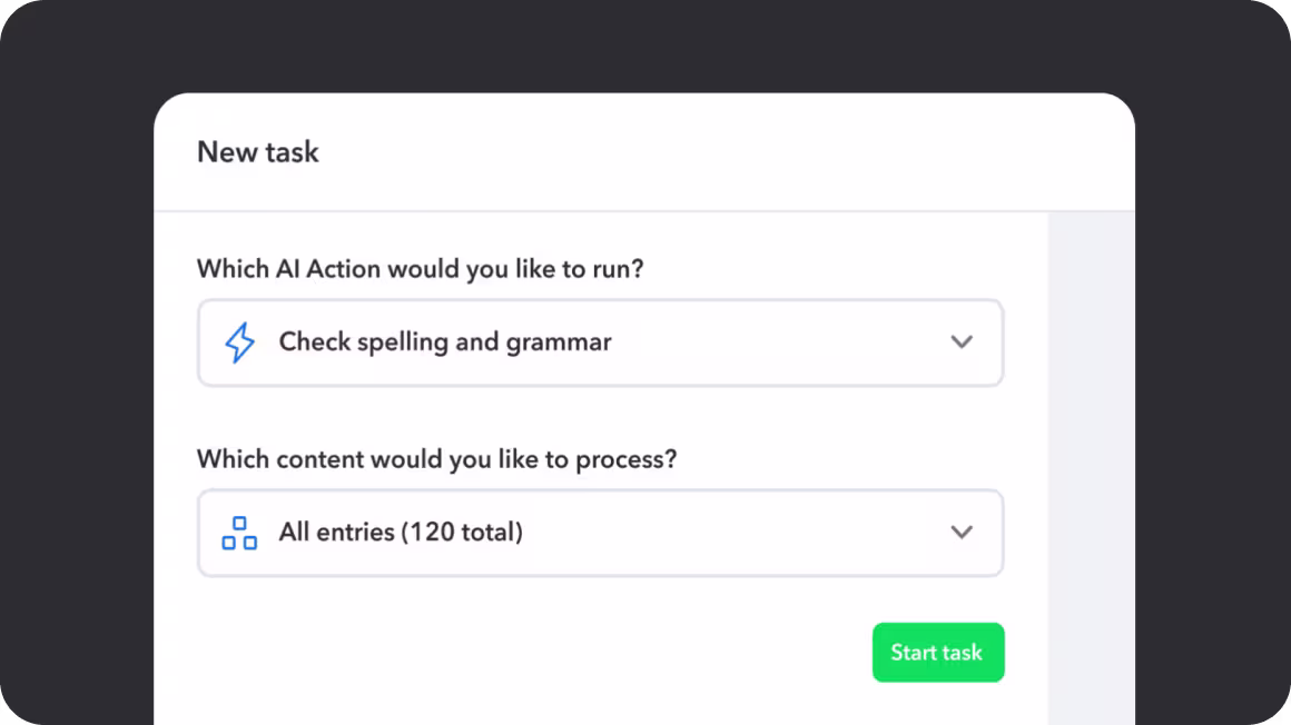 A "New task" dialog with dropdowns for AI Action "Check spelling and grammar" and content "All entries (120 total)" with a green "Start task" button.