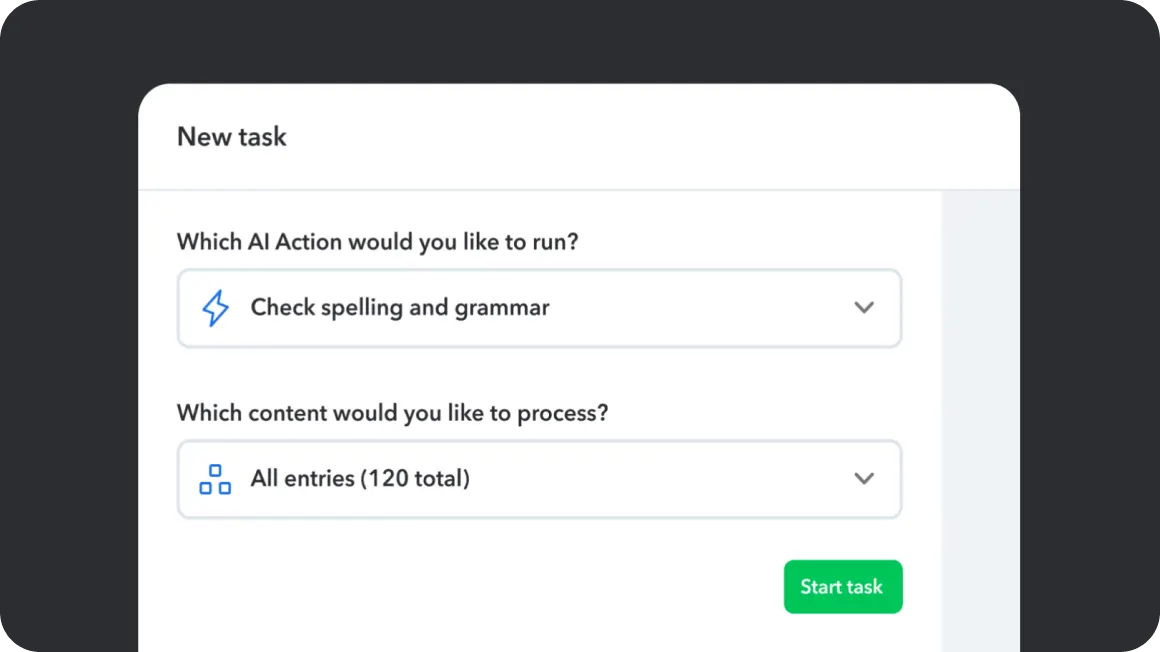 A "New task" dialog with dropdowns for AI Action "Check spelling and grammar" and content "All entries (120 total)" with a green "Start task" button.