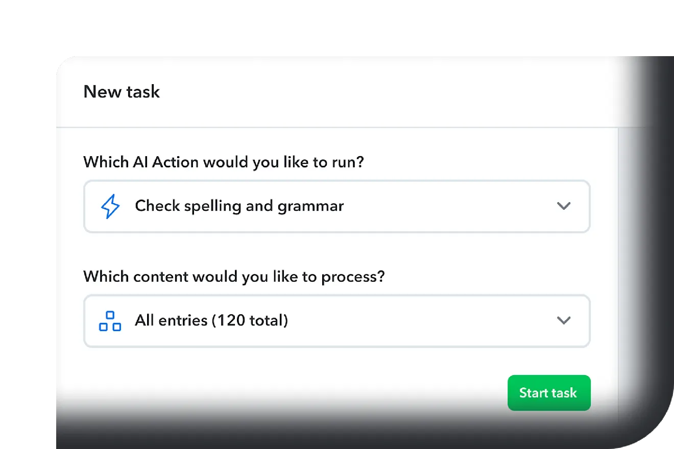 Interface showing AI task setup with spelling check option selected and 120 entries to process, with green Start task button