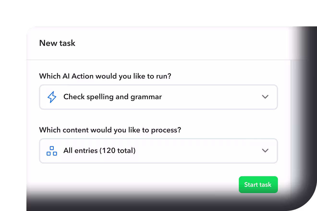 Interface showing AI task setup with spelling check option selected and 120 entries to process, with green Start task button