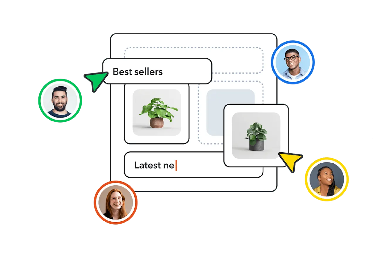 Branded UI with multiple avatars dragging elements together to demonstrate collaborative design