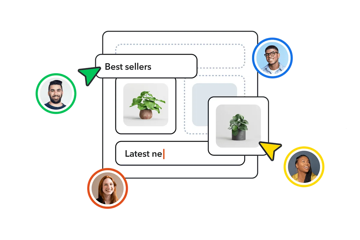 Branded UI with multiple avatars dragging elements together to demonstrate collaborative design
