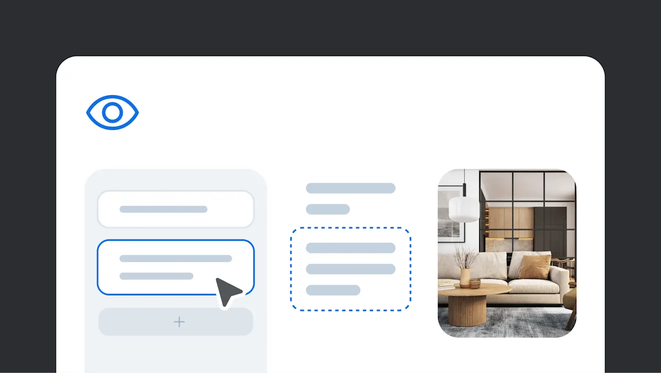 A modern living room interface design showing chat bubbles and an eye icon, with a photo of a minimalist sofa and round coffee table