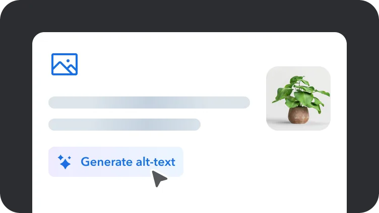 User interface showing a "Generate alt-text" button with cursor and decorative plant image in a light gray rounded container