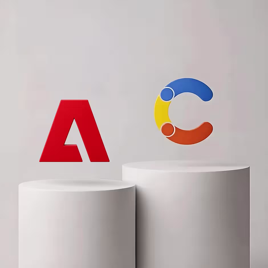 Two white pedestals display a red Adobe logo and a Contentful logo on a gray background.