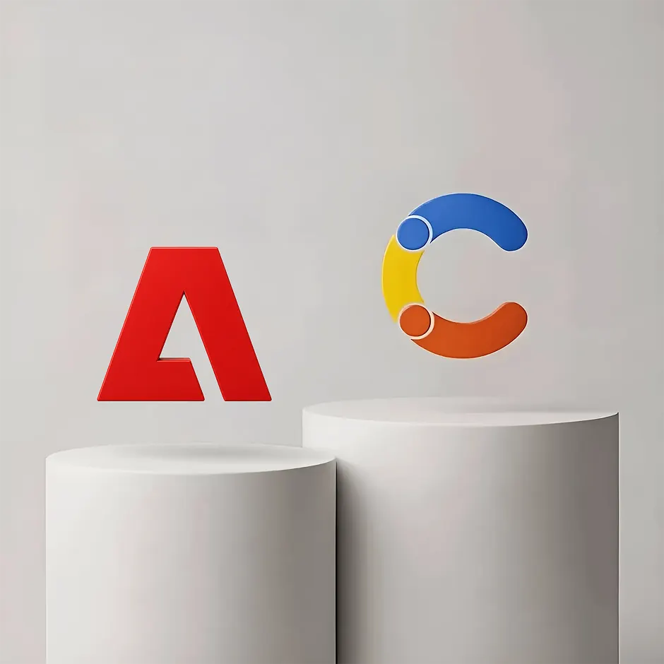 Two white pedestals display a red Adobe logo and a Contentful logo on a gray background.