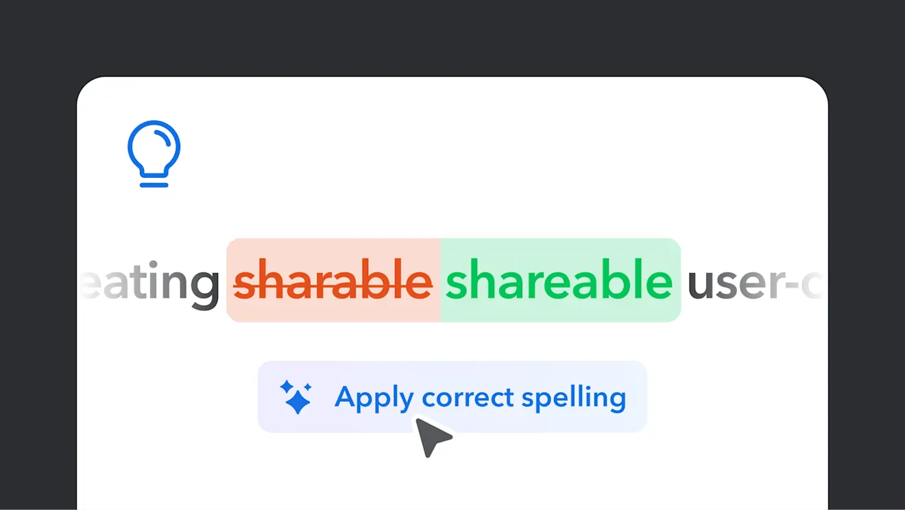 Illustration correcting the spelling of "sharable" to "shareable" with a light bulb icon and "Apply correct spelling" suggestion below