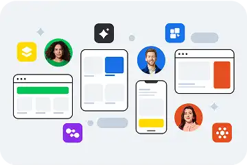 Illustration of connected app interfaces and profile icons showing digital collaboration and communication tools