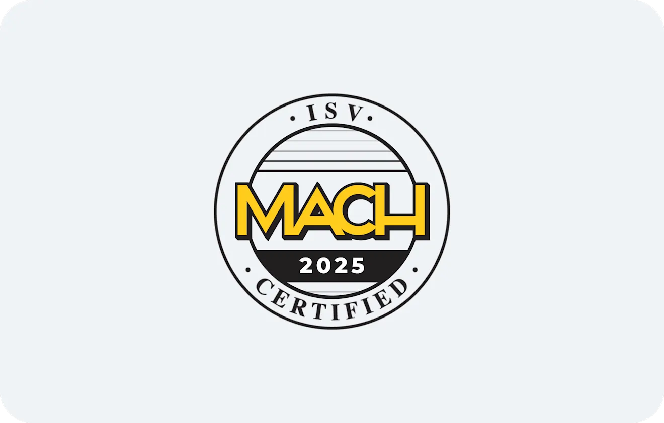 Circular ISV certification badge with yellow MACH text and 2025 year marking, featuring black and white design elements