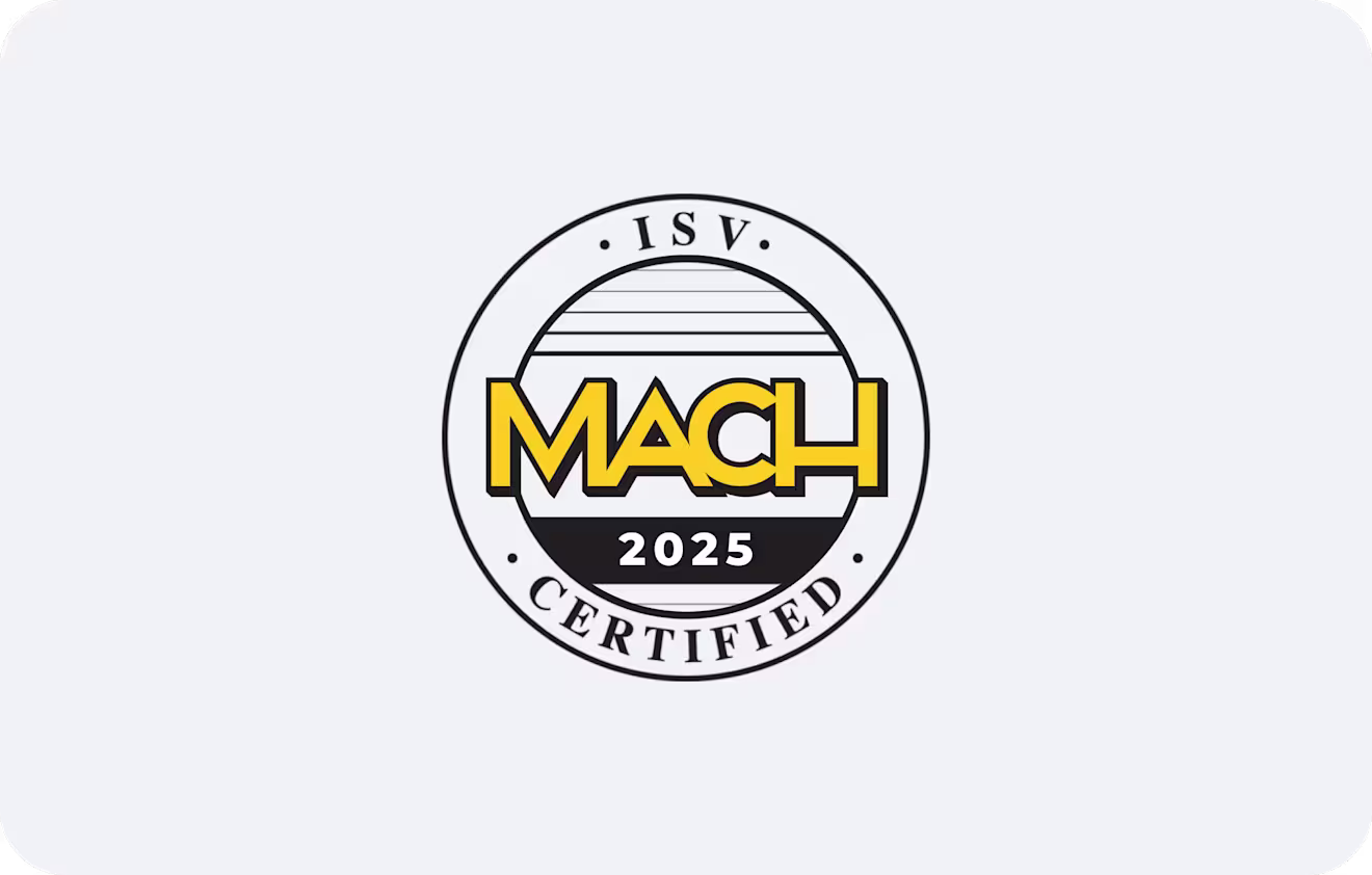 Circular ISV certification badge with yellow MACH text and 2025 year marking, featuring black and white design elements