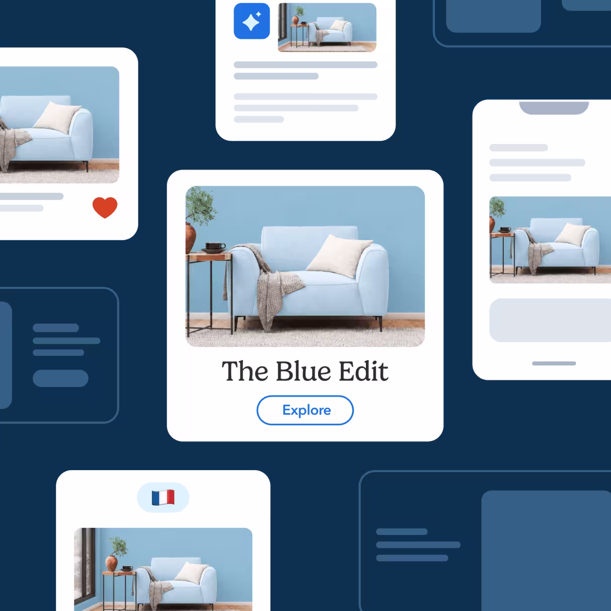 Multiple UI cards on a dark blue background featuring a light blue armchair, titled "The Blue Edit" with an Explore button.