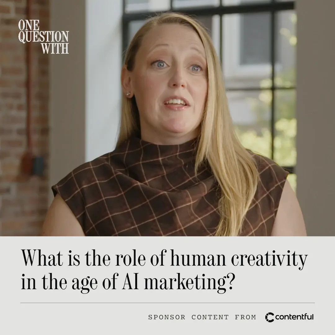 Contentful CMO, Elizabeth Maxson, speaks during an interview, with "One Question With" text overlay and a question about AI marketing