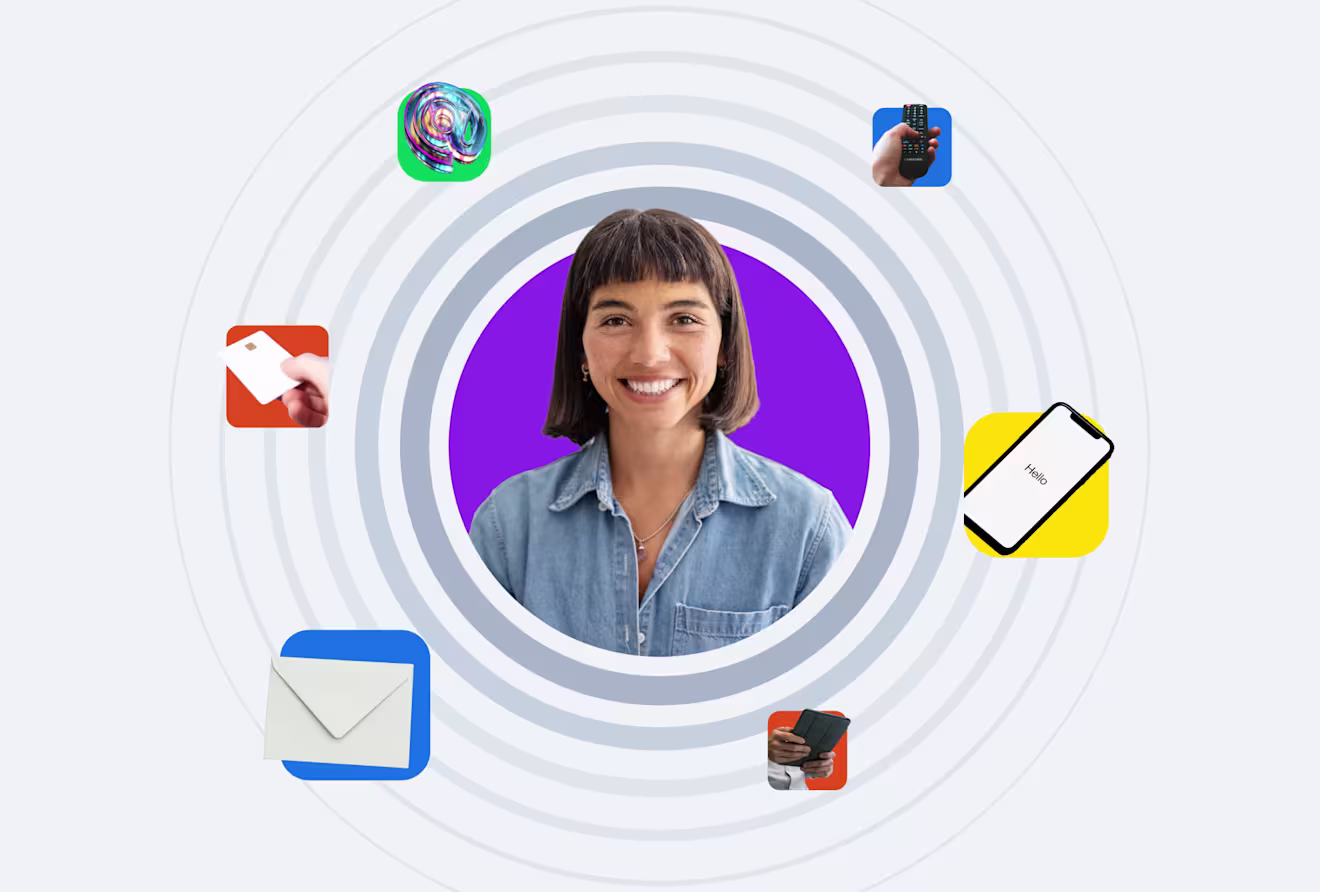 Portrait in purple circle surrounded by app icons including email, phone, and remote control symbols on white background with concentric rings