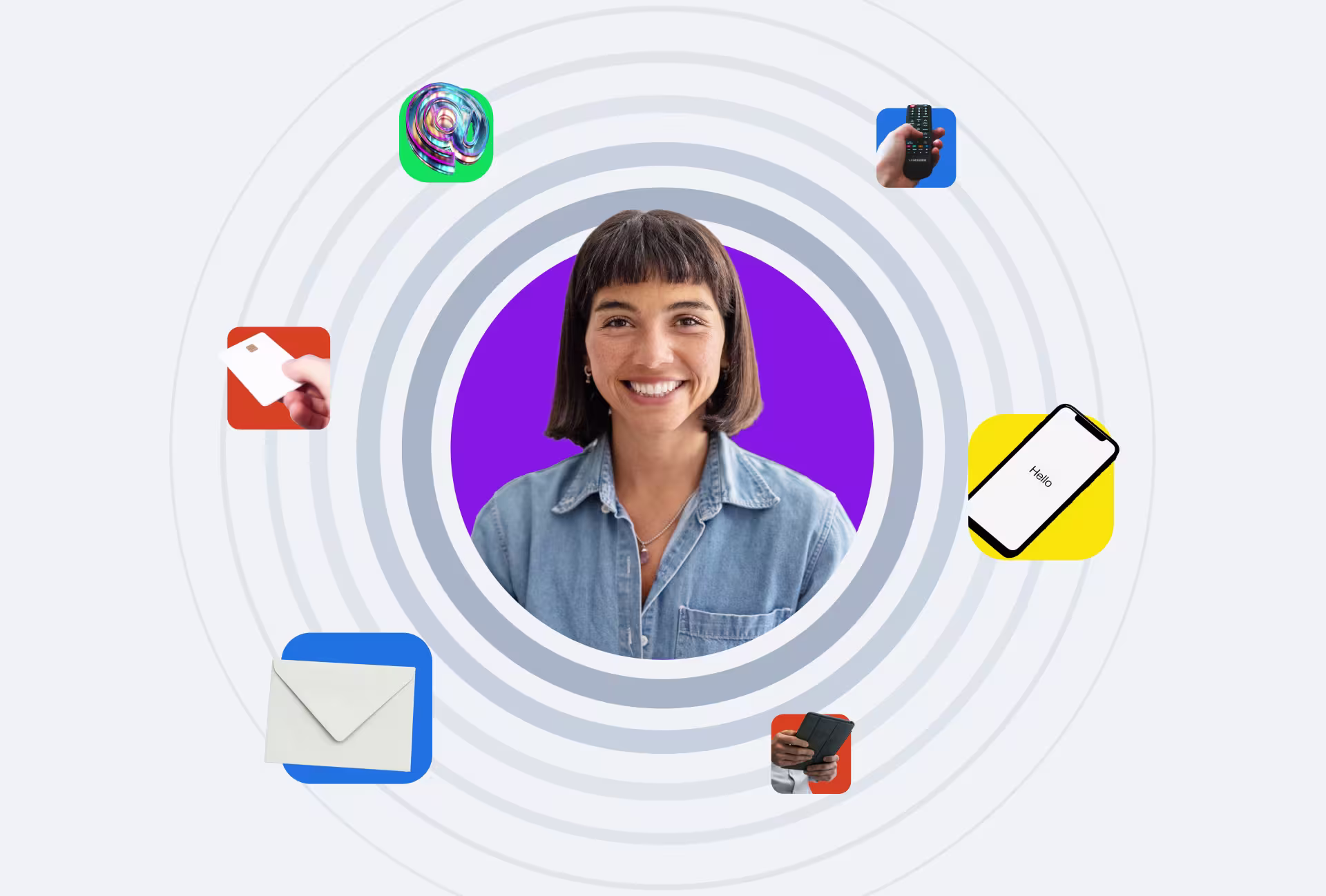 Portrait in purple circle surrounded by app icons including email, phone, and remote control symbols on white background with concentric rings