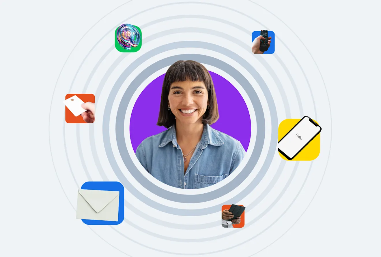 Portrait in purple circle surrounded by app icons including email, phone, and remote control symbols on white background with concentric rings
