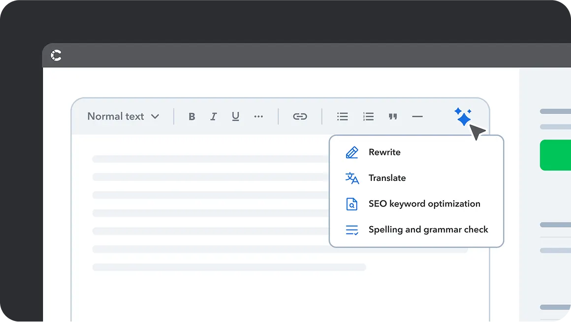 Contentful AI Action demo, mouse clicking AI symbol that opens option menu for Rewrite, Translate, SEO keyword optimization, Spelling and grammar checks. 