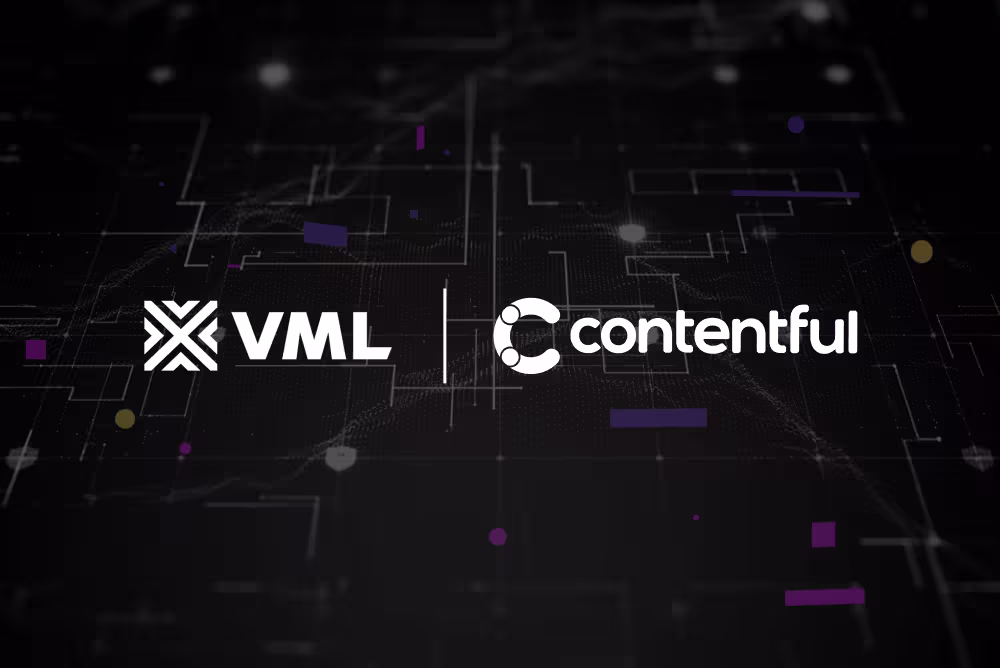 VML and Contentful logos on dark tech-inspired background with purple and gold geometric elements and circuit patterns