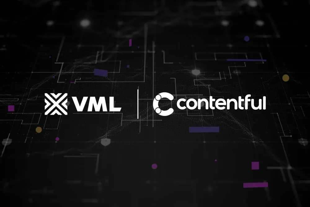 VML and Contentful logos on dark tech-inspired background with purple and gold geometric elements and circuit patterns